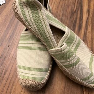 Tory Burch Green and Cream Striped Espadrilles 5.5